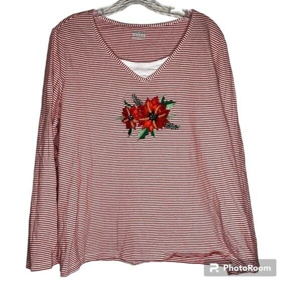 Holiday Time Tops - 5/$15 Holiday Editions Red White Striped Cotton Embroidered Christmas Poinsettia